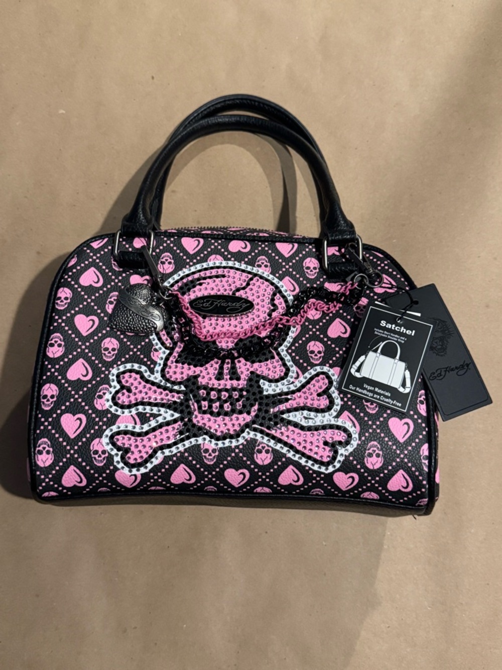 NEW Ed Hardy Pink Skull Rhinestone Satchel Bag NWT Crossbody Preppy Y2K